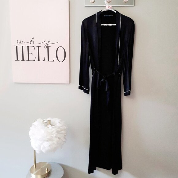 EUC Zara black & white trim satin-like effect longline duster, M - Picture 4 of 8